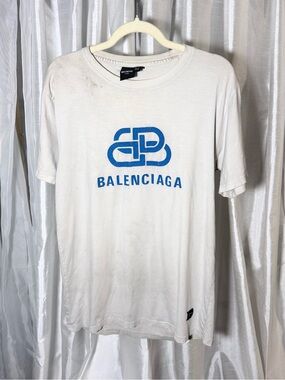 Vintage Balenciaga White Short Sleeve Tee with Blue Logo Graphic